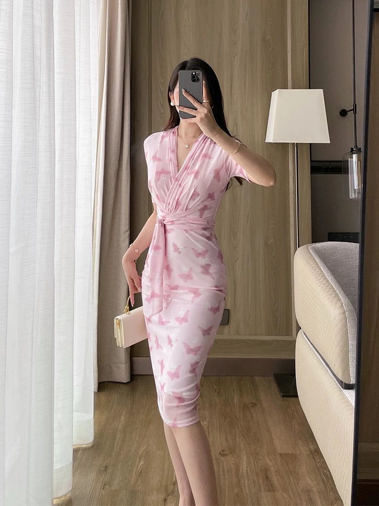 Pink butterfly print dress for women summer new style gentle style mesh V-neck short-sleeved slim hip-hugging one-step skirt