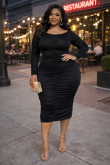Plus Size Ruched Long Sleeve Midi Dress