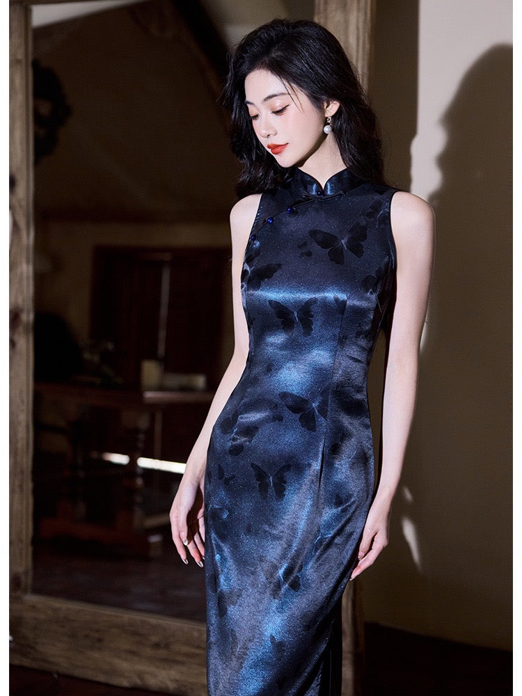 Modern Chinese Qipao, Cheongsam Dress, Evening Dress, navy jacquard qipao