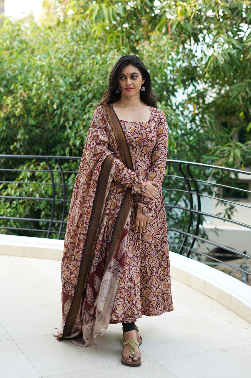 Devaki Hand-Painted Kalamkari Designer Anarkali with Silk Dupatta