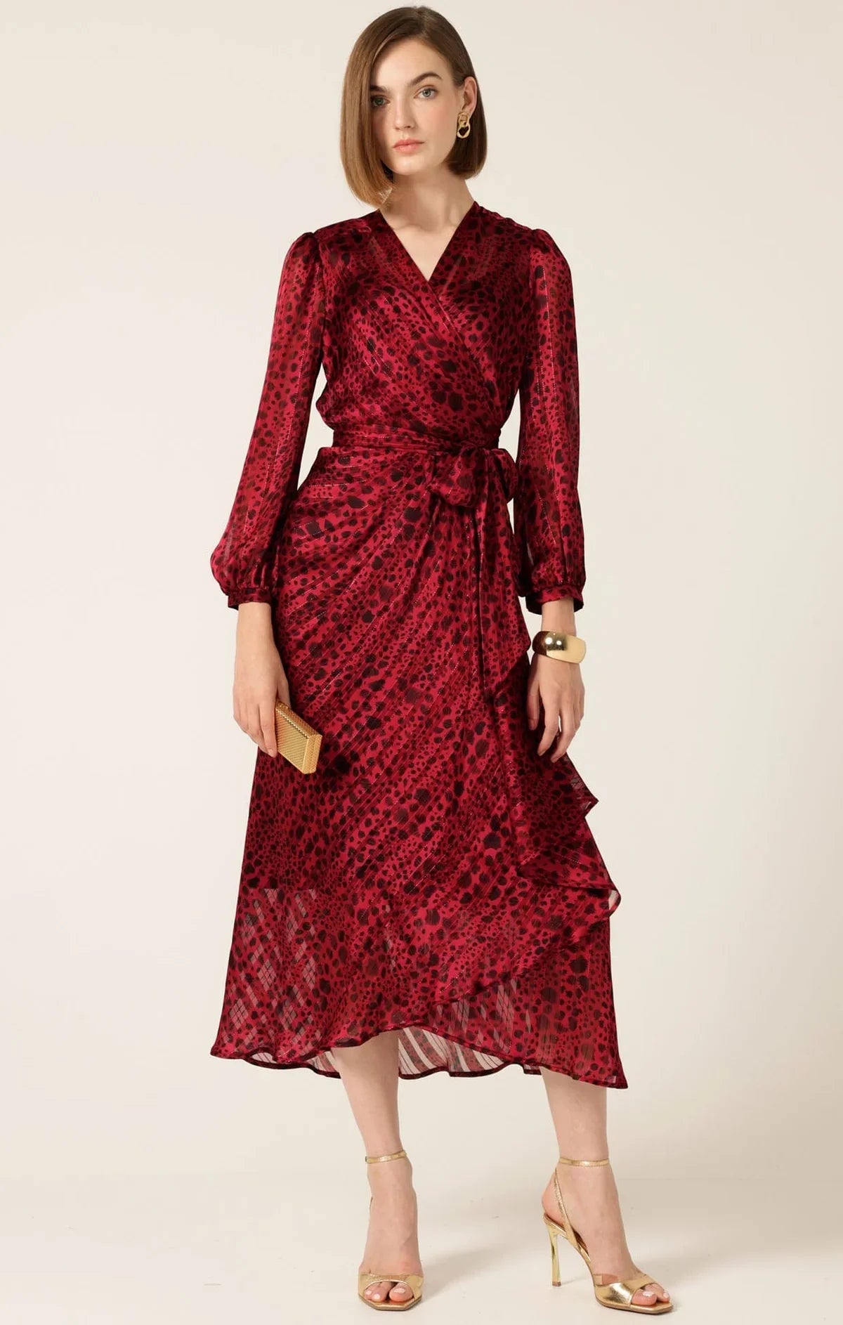 SAVOIR MIDI WRAP DRESS IN RED BLACK