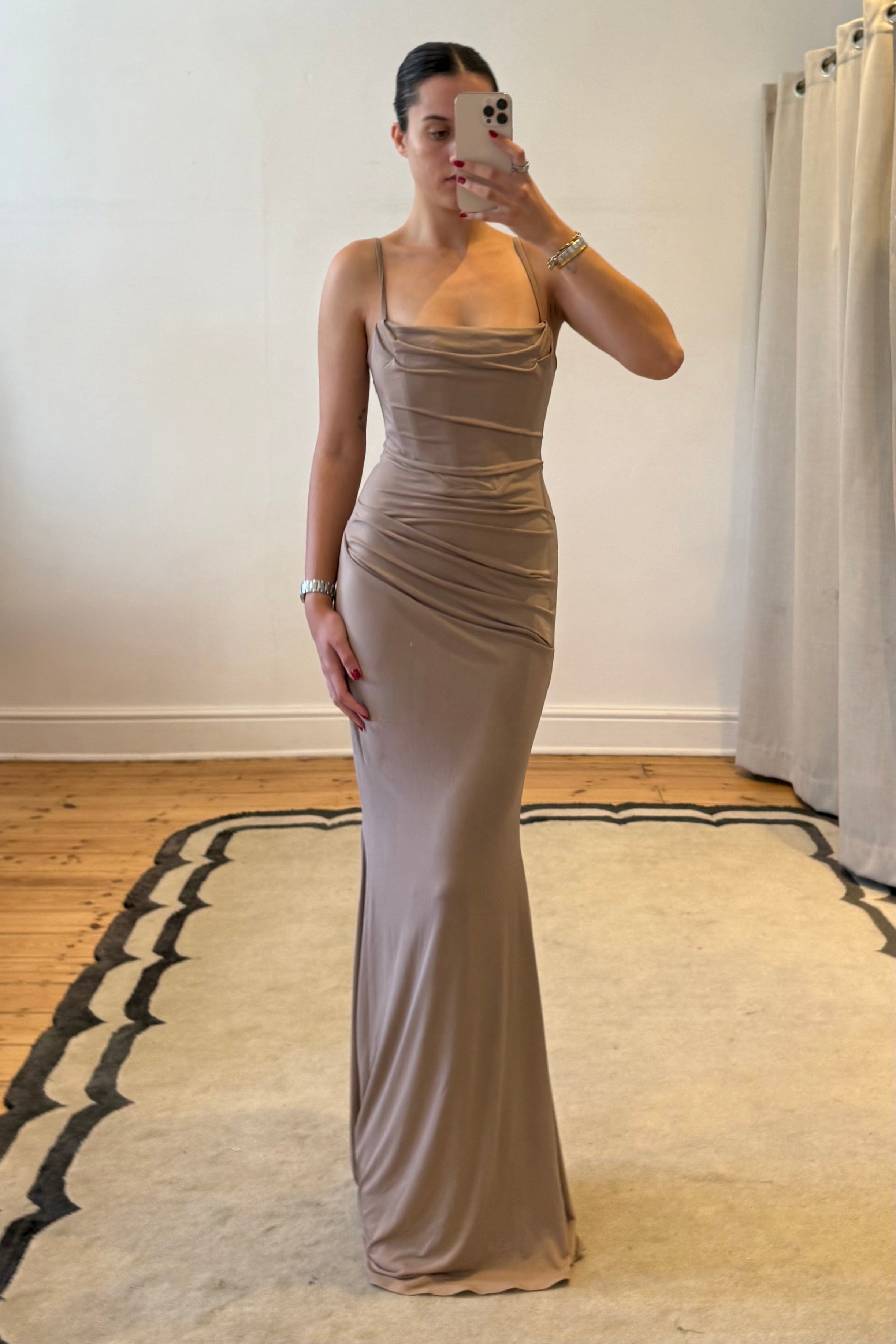 The Milena Corset Maxi Dress in Brown