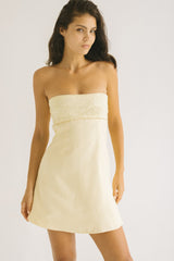 Butter Yellow Strapless Linen Mini Dress with Floral Detailing