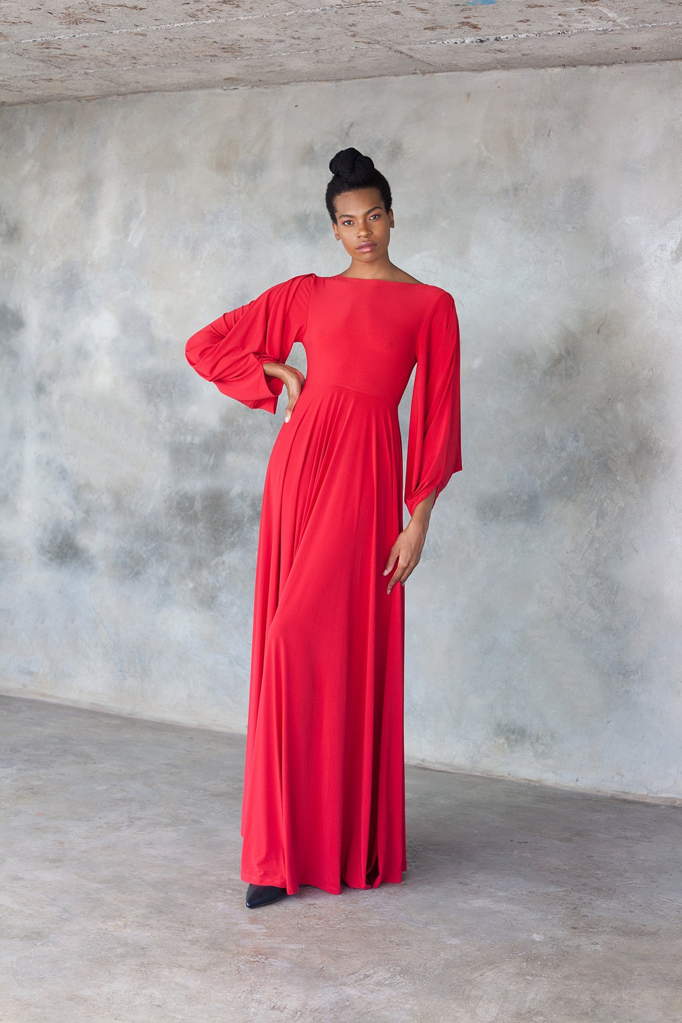 Red maxi dress with statement sleeves