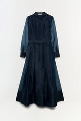 Navy dress with collared neckline, long sleeves, belted waist, and full skirt in color-block design.