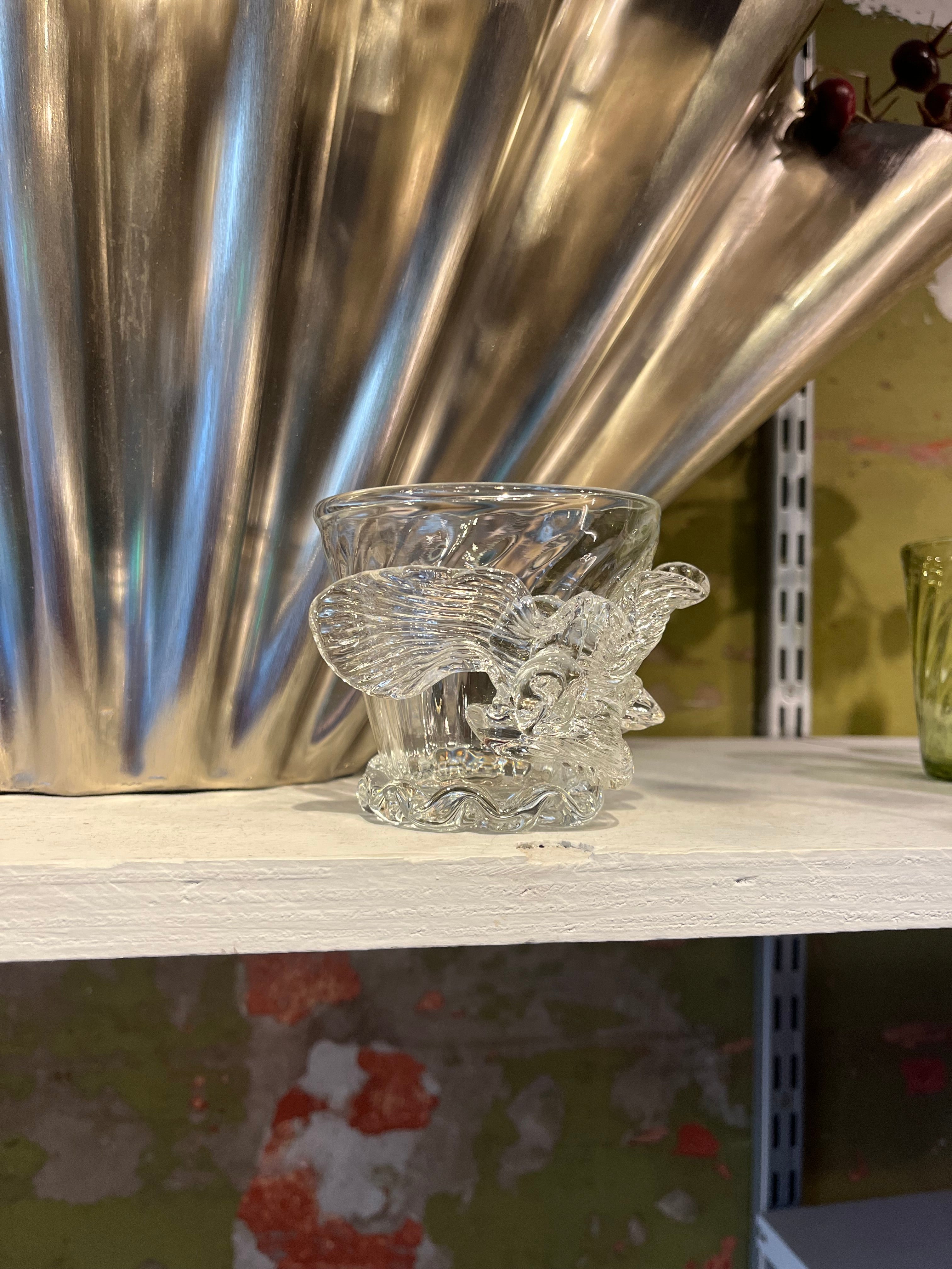 Clear hand-blown glass flower vase by Marqversen Möglich, featuring a delicate floral design and transparent glass finish.