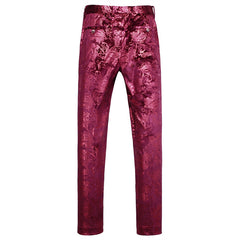 Mens Slim Fit Gold Printed Flat Front Pants Stylish Casual Floral Patten Trousers