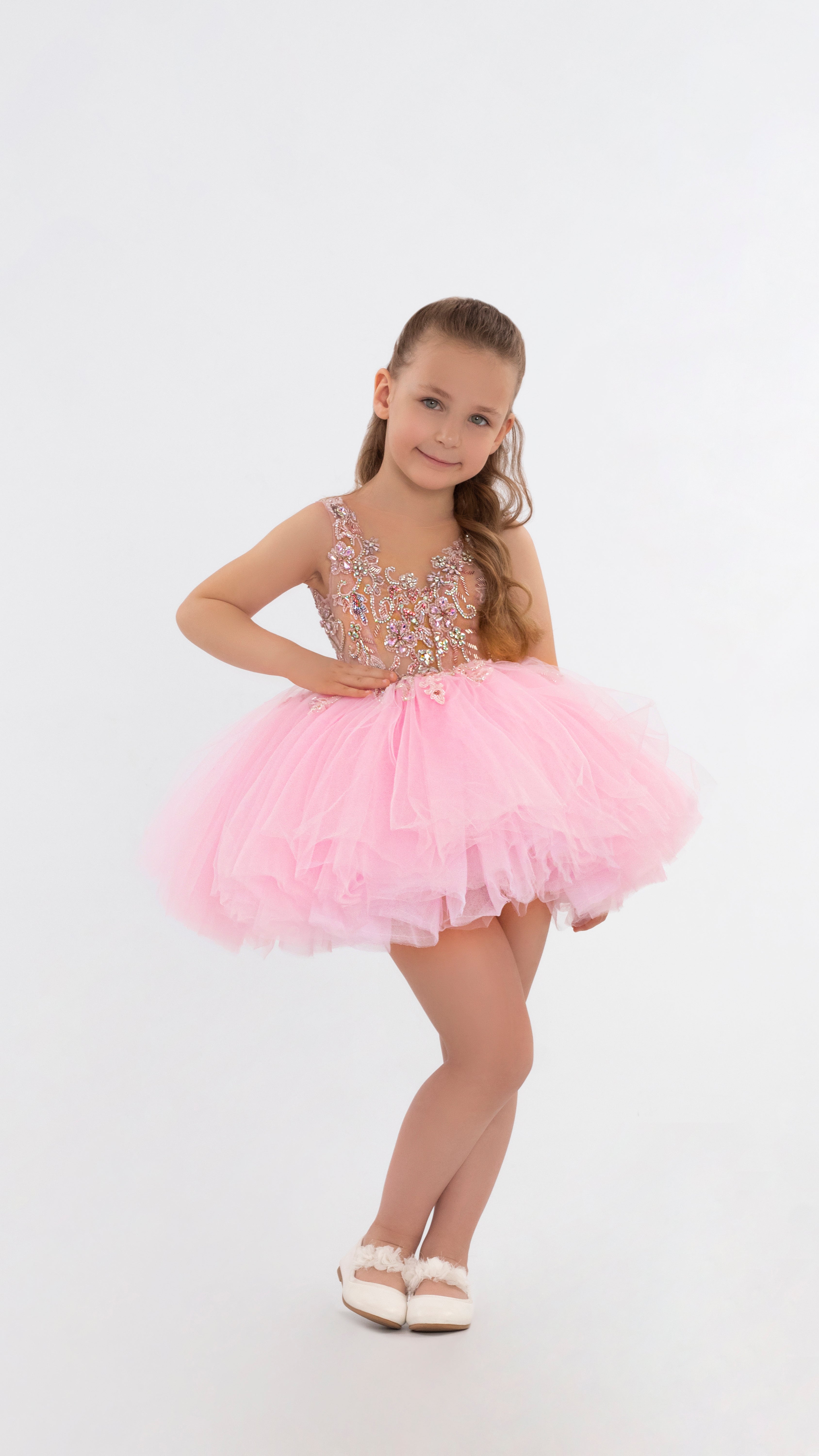 Embroidered Pink Short Dress For Girls