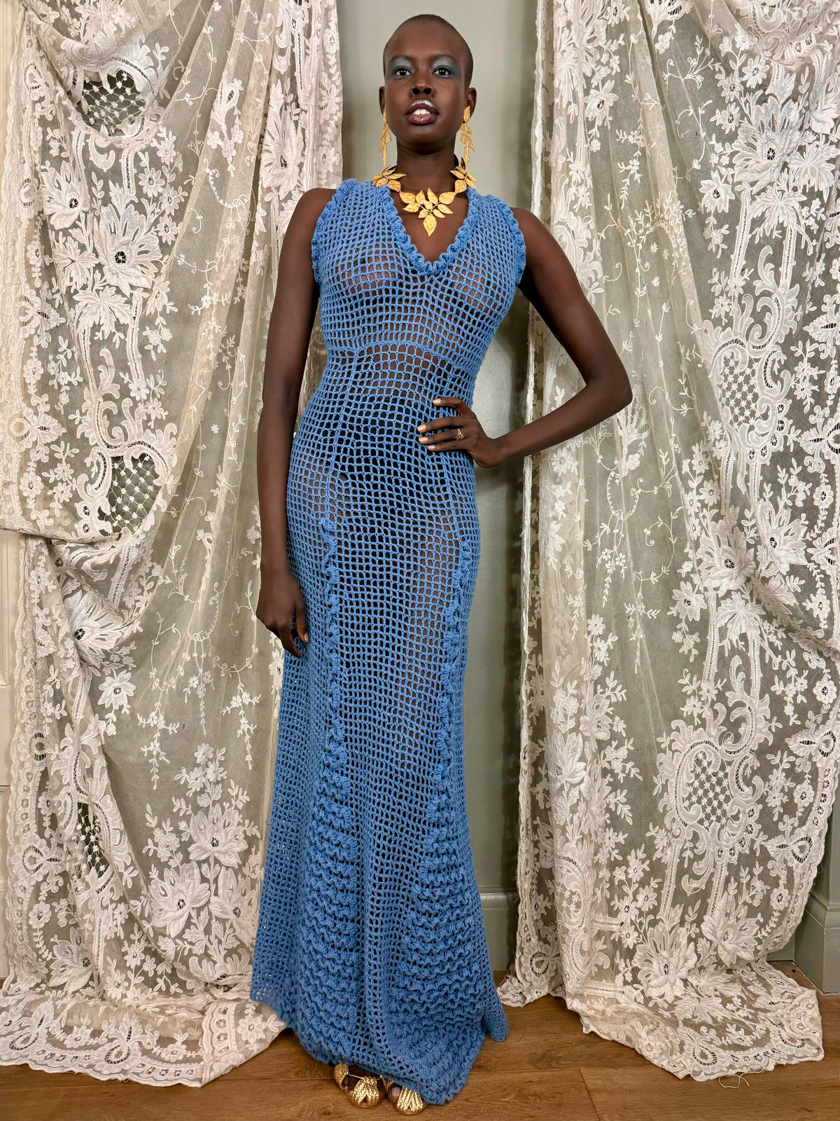 Gloria, 70s sky blue crochet long dress