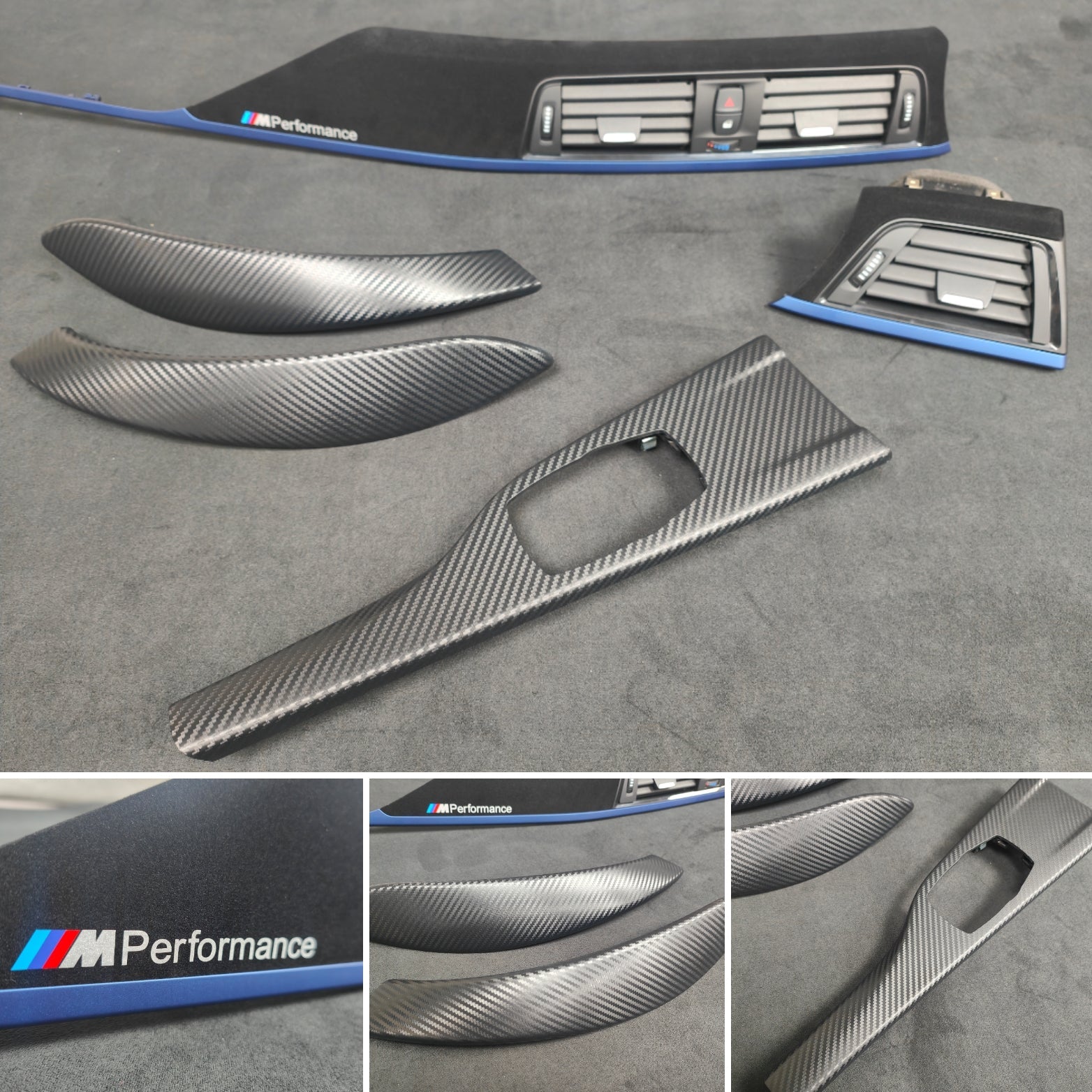 BMW F32 / F82 M4 CUSTOM INTERIOR TRIM SET - 3D CARBON / ALCANTARA STYLE  / BLUE ACCENT