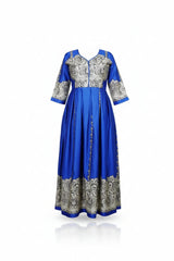 Blue pattern chiffon dress by WELEBA, flowing fabric with intricate design, showcased on a hanger against a neutral background.