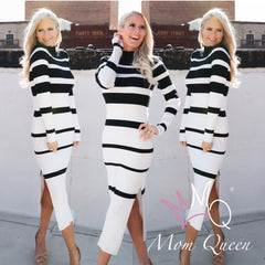 The Christina Sweater Dress: Black & White Striped Bodycon Midi Dress