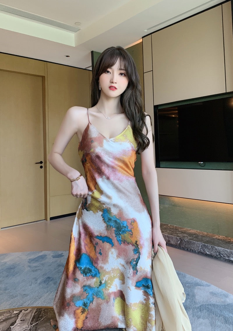 Abstract Print Fitted Midi Slip Dress