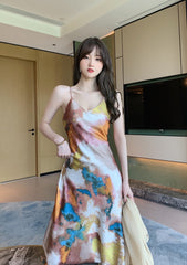 Abstract Print Fitted Midi Slip Dress