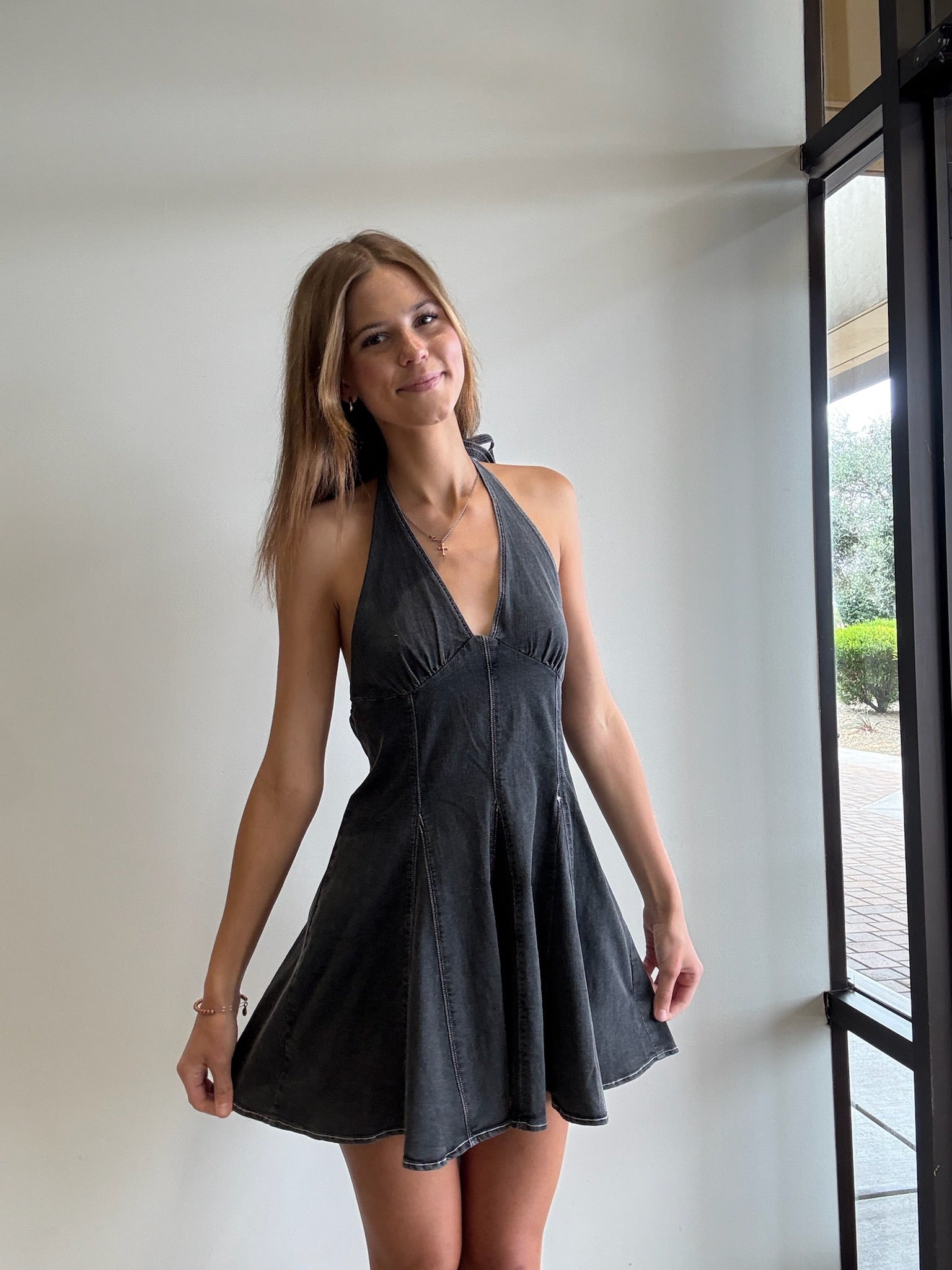 Lily Halter Neck Open Back Denim Dress