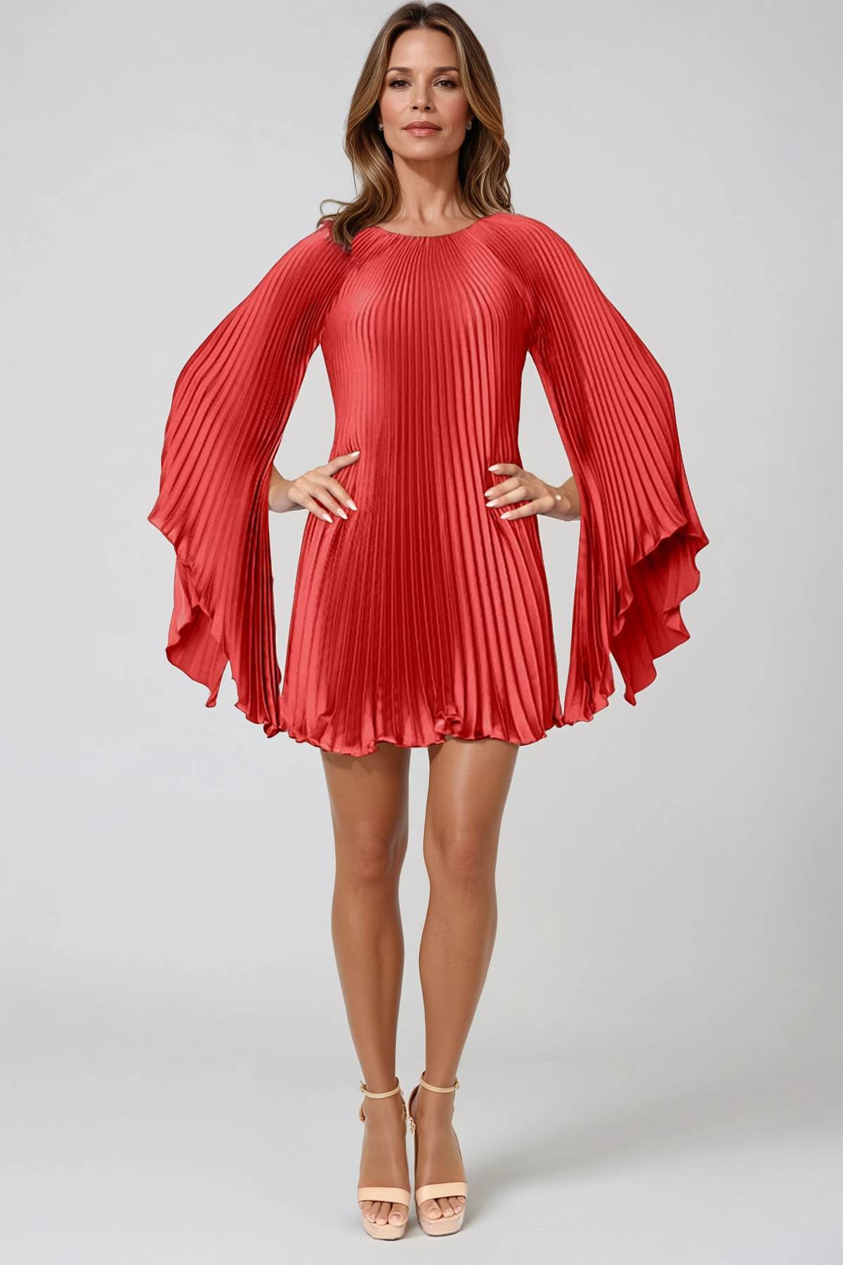 Long Sleeve Pleated Charmeuse Cocktail Cocktail Rene Ruiz Collection