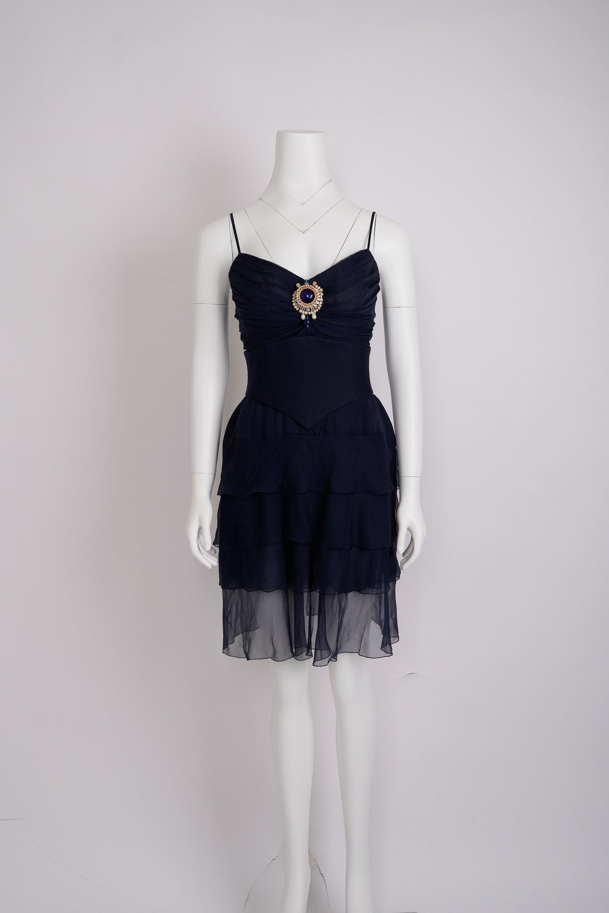 Vintage Chanel Haute Couture Spring 1994 Navy Blue Chiffon Dress with Integrated Corset and Brooch