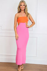 Malibu Moment Cutout Color Block Maxi Dress: Pink/Orange - Bella and Bloom Boutique