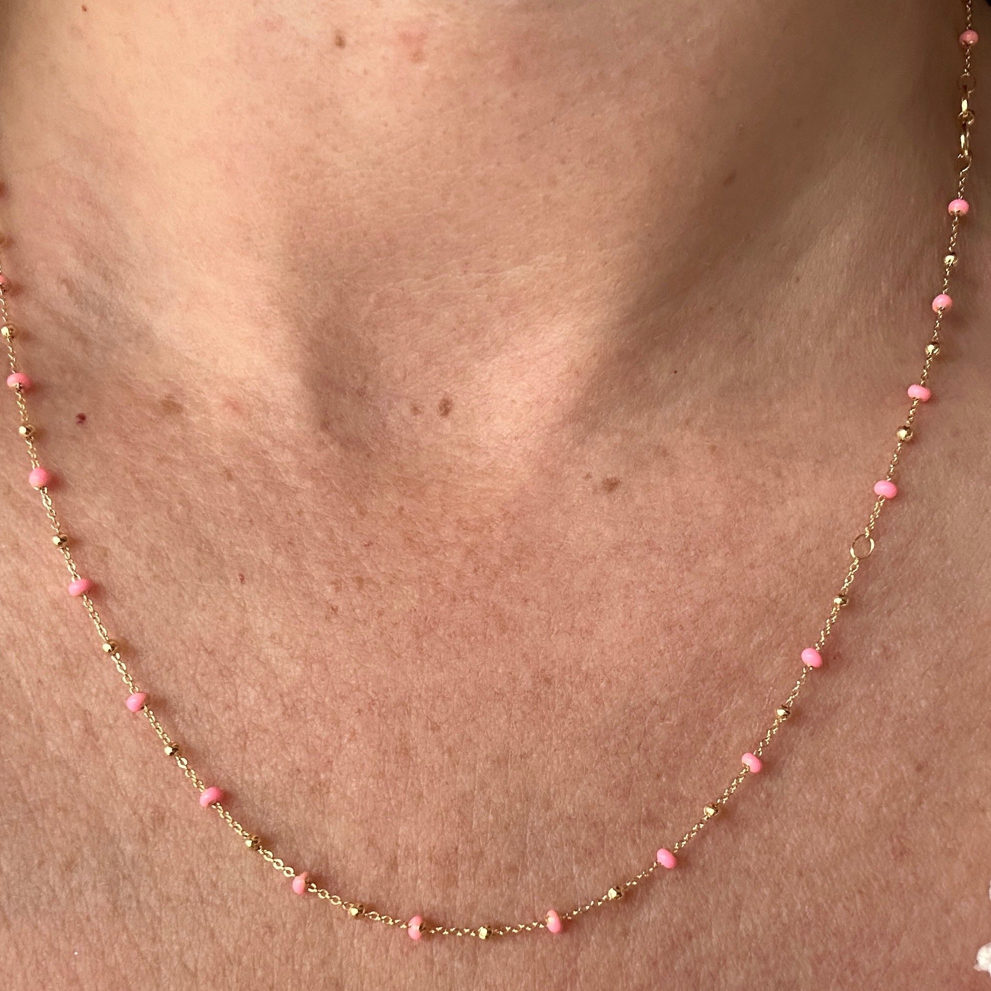 Enamel and Bead Necklace with rolo gold 10K chain pink 9