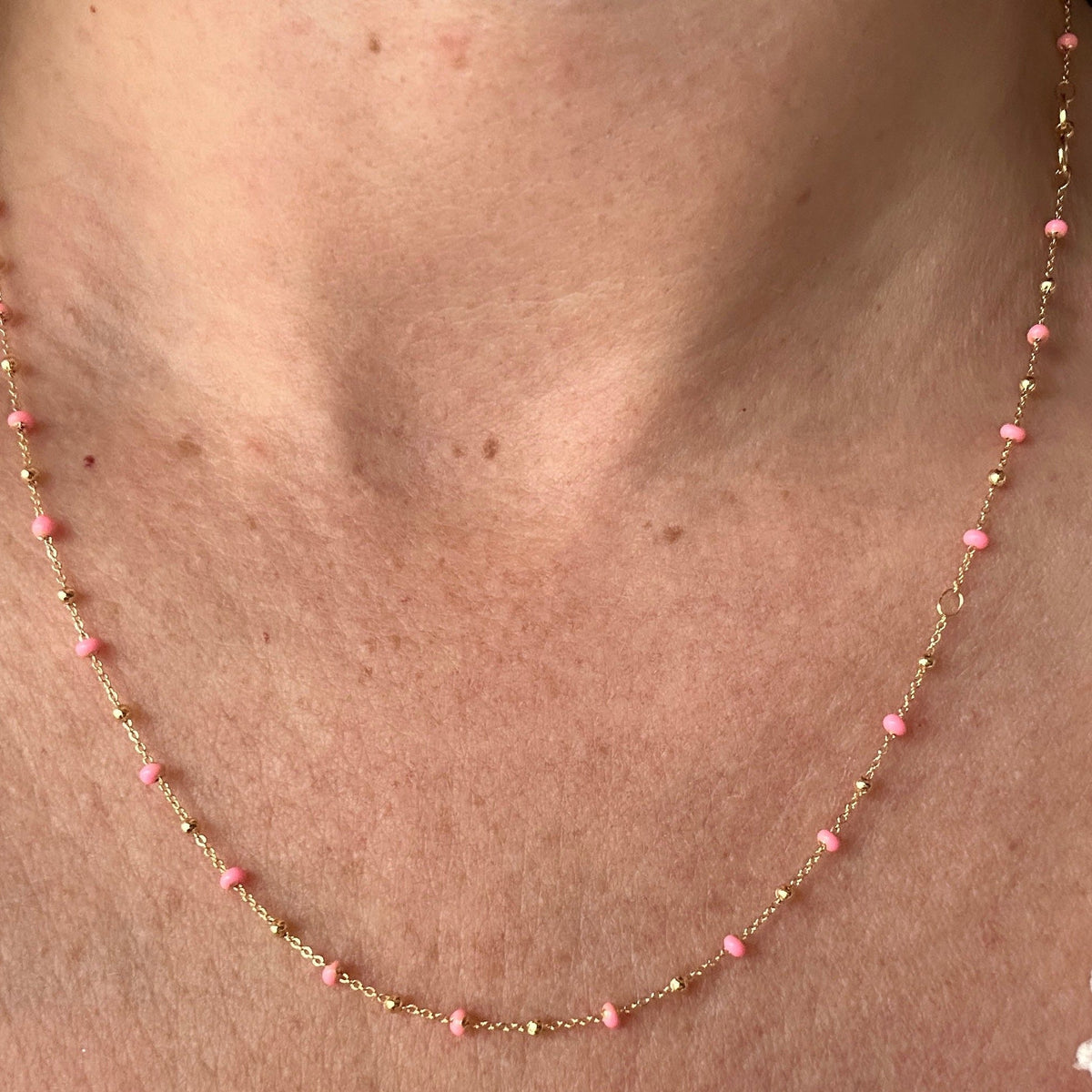 Enamel and Bead Necklace with rolo gold 10K chain pink 9