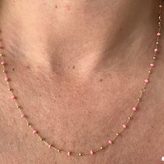 Enamel and Bead Necklace with rolo gold 10K chain pink 9