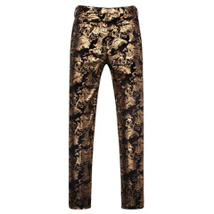 Mens Slim Fit Gold Printed Flat Front Pants Stylish Casual Floral Patten Trousers