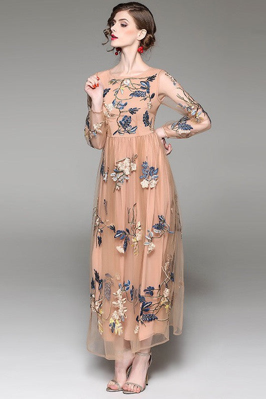 Embroidered Mesh Maxi Dress - Dress Album