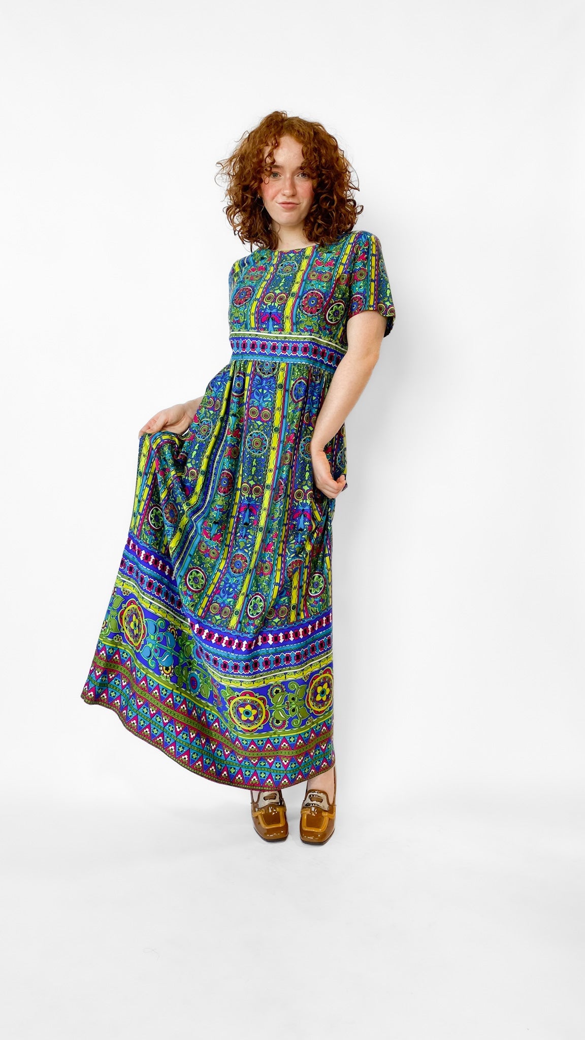 1970s Colorful Geometric Maxi Dress, sz. M