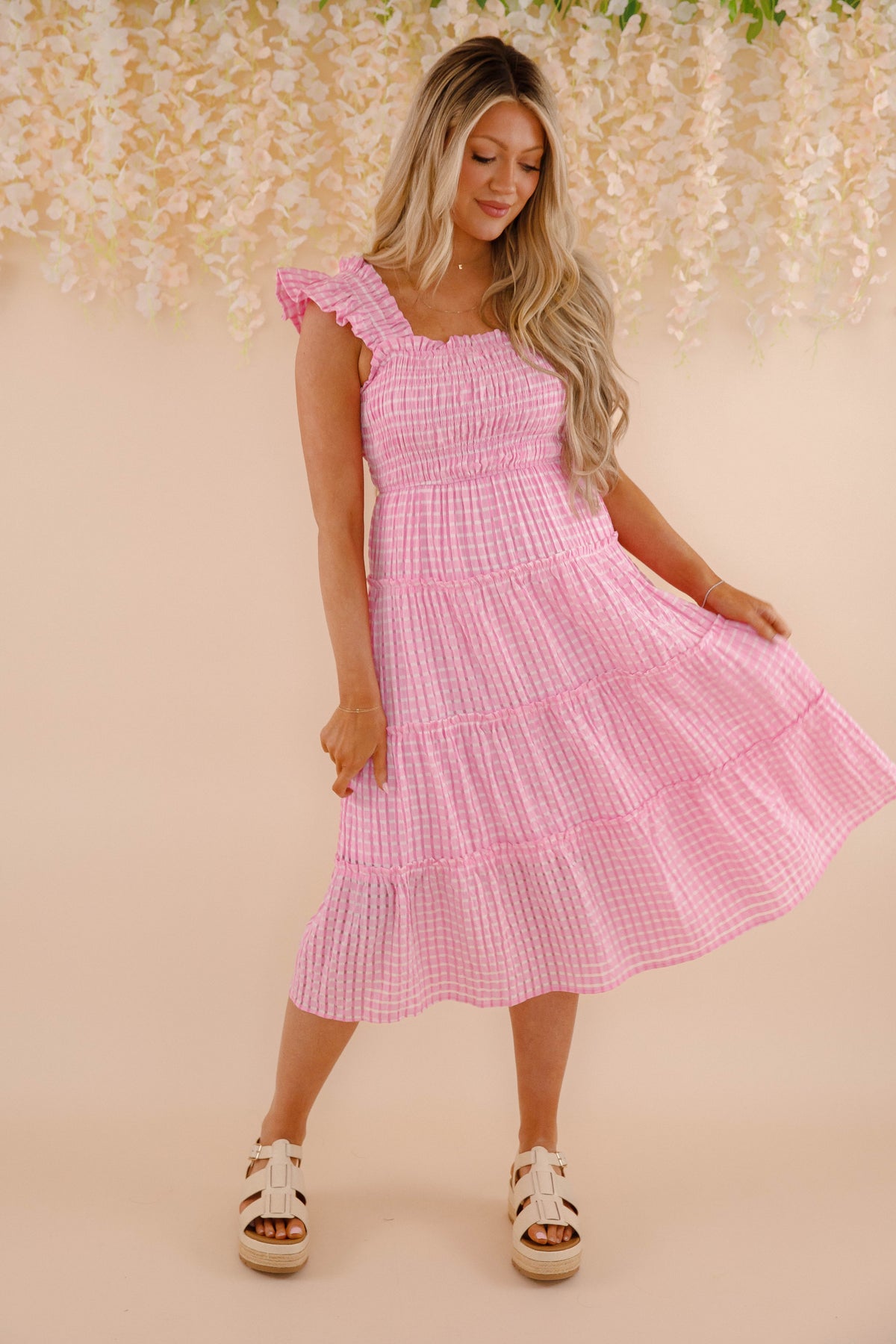 Pink and White Gingham Dress- Women's Pink Gingham Midi Dress- Umgee Dresses