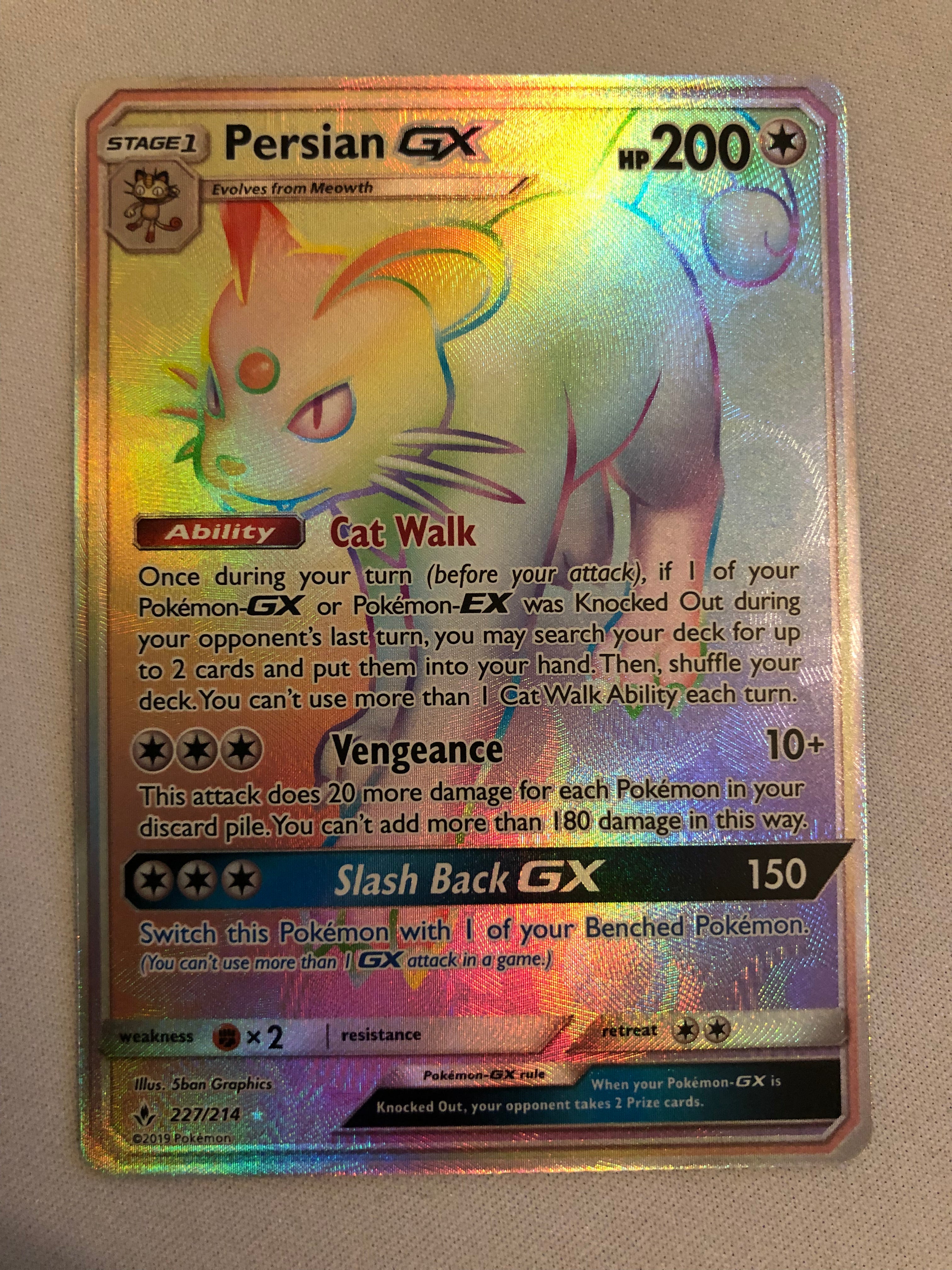 Persian GX 227/214 Unbroken Bonds Rainbow Rare Pokemon Card Near Mint