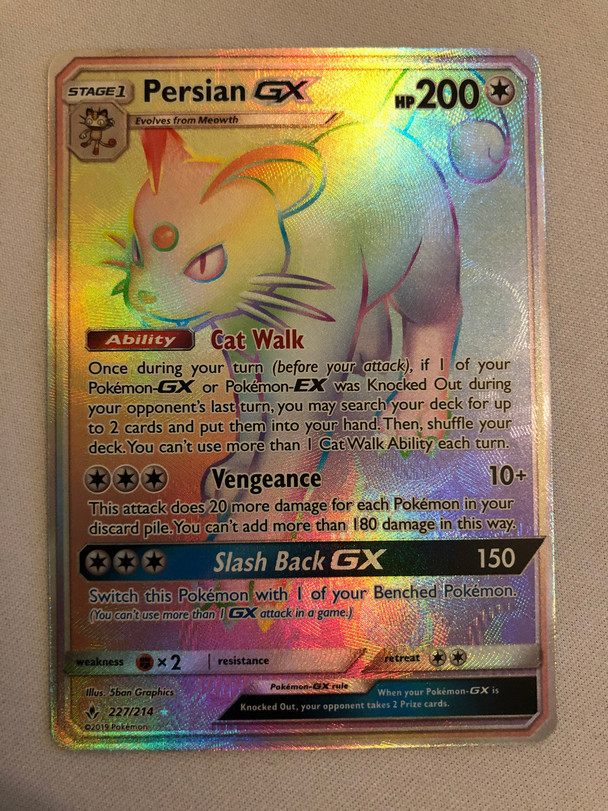 Persian GX 227/214 Unbroken Bonds Rainbow Rare Pokemon Card Near Mint