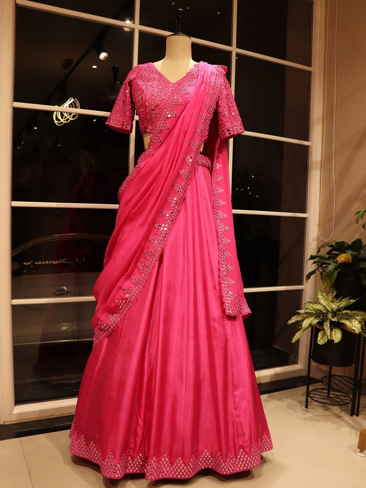 Hot pink mirror work lehenga set