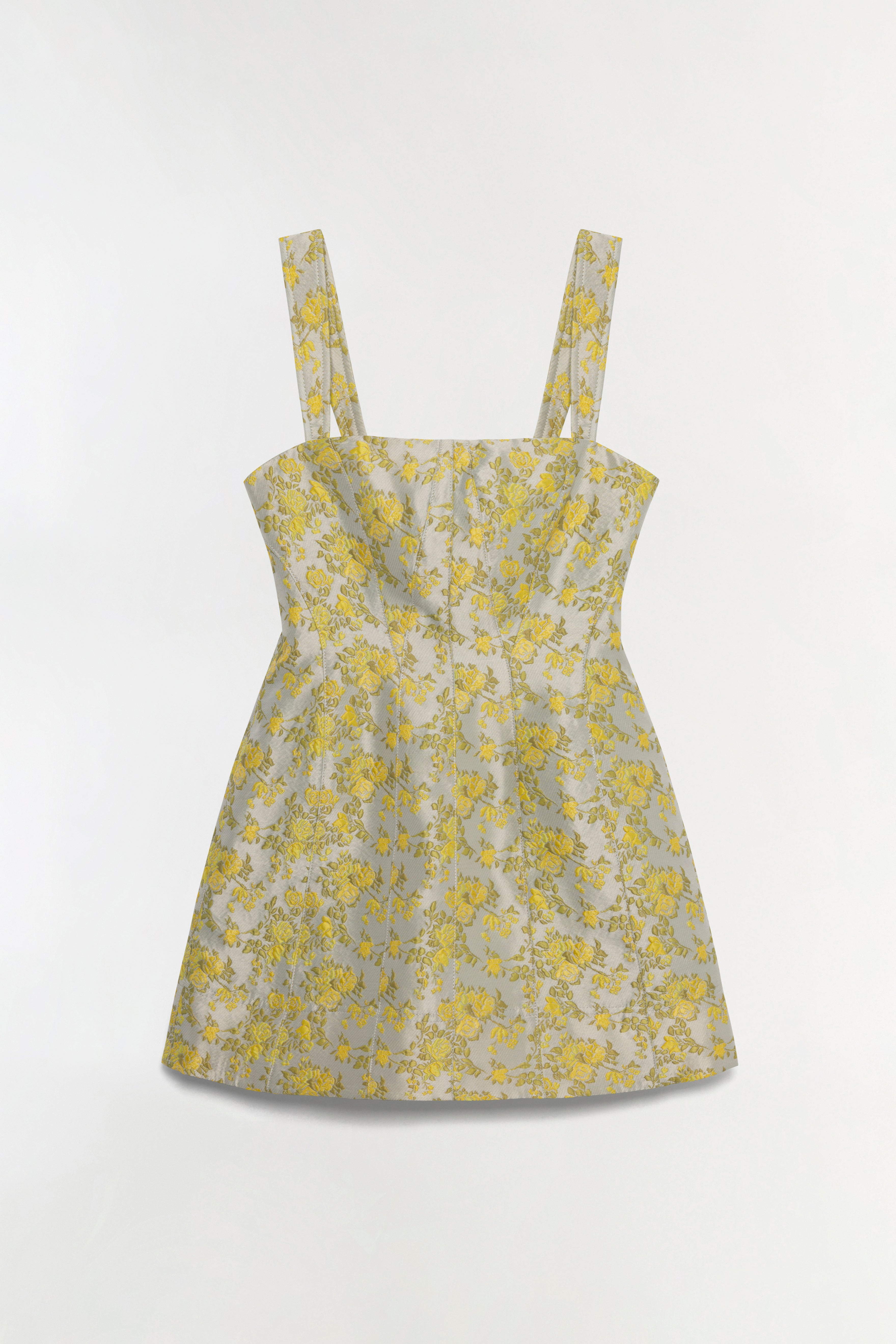 Mini dress with yellow floral jacquard pattern and square neckline straps on neutral background.