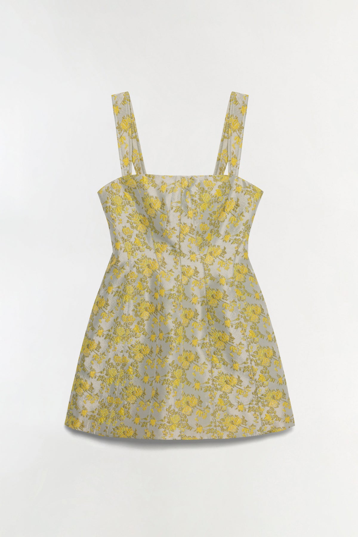 Mini dress with yellow floral jacquard pattern and square neckline straps on neutral background.