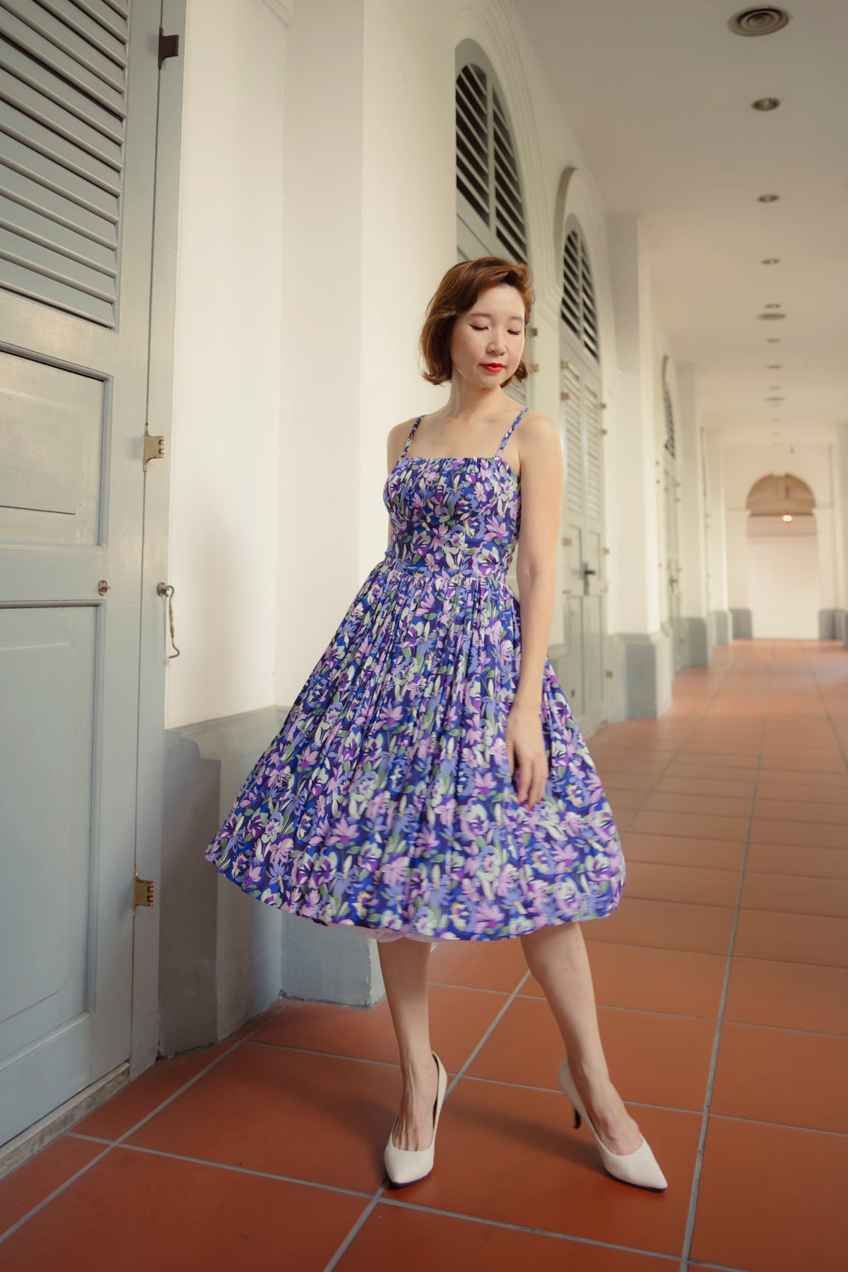 French Purple Floral Summer Swing Dress