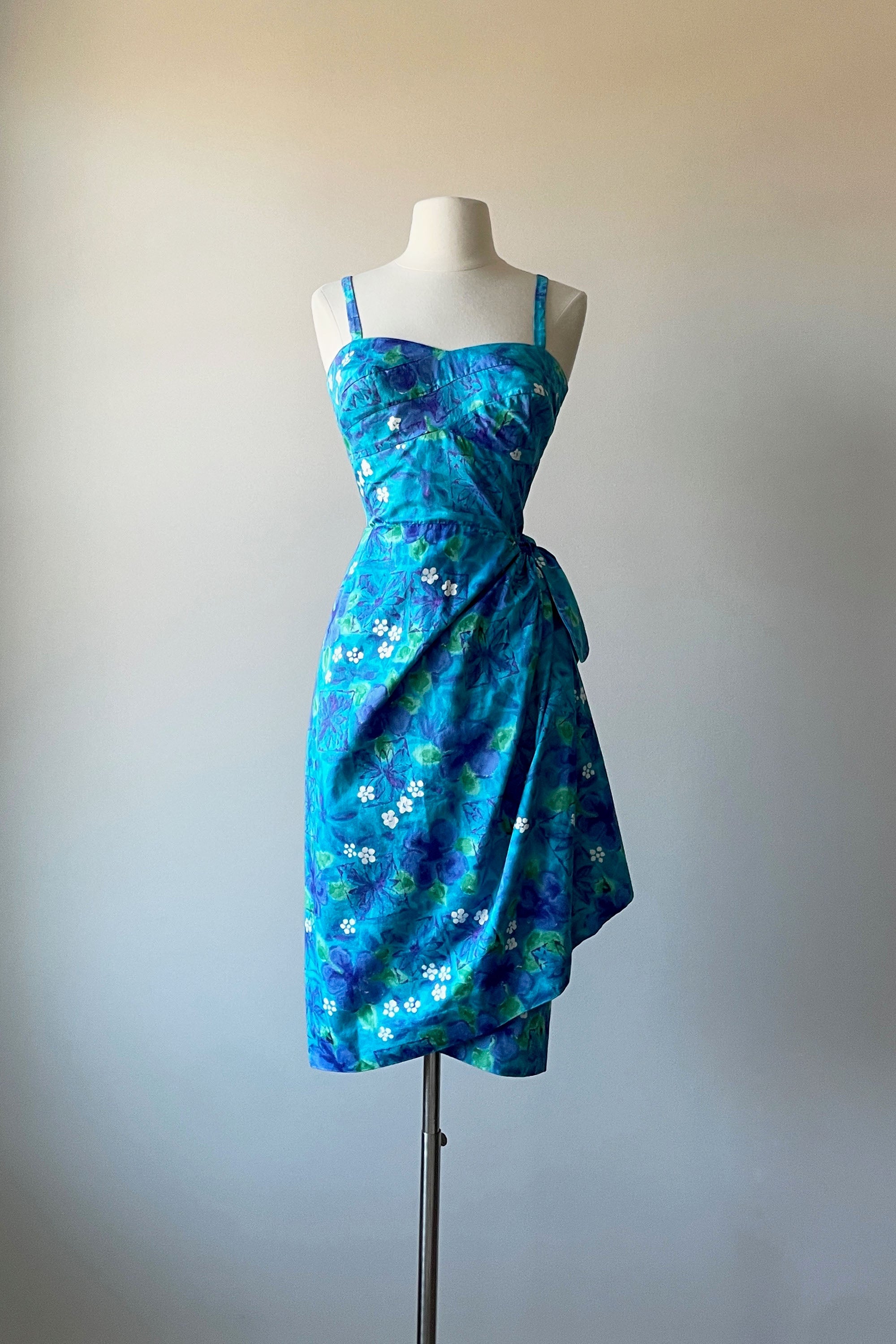 1950s Caribbean Blue Hawaiian Sarong Dress | XS/S