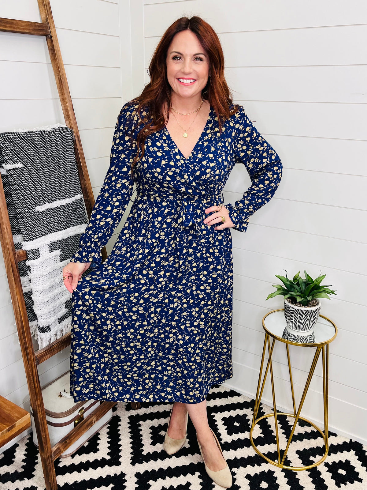 Navy Faux Wrap Flounce Sleeve Floral Midi Dress