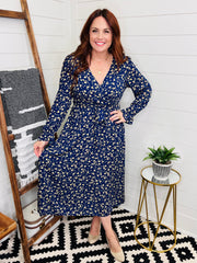 Navy Faux Wrap Flounce Sleeve Floral Midi Dress