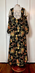 Vintage 1970’s "Young Edwardian by Arpeja" Black Floral Long Sleeve Maxi Dress