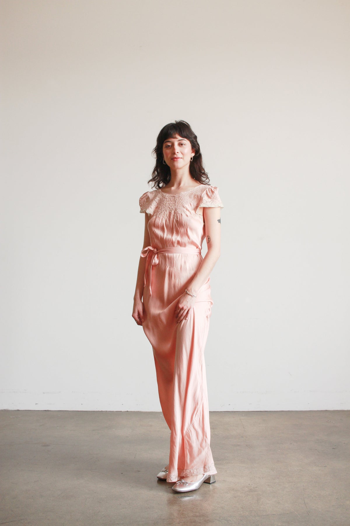 1930s Ballet Pink Silk Charmeuse Bias Cut Cap Sleeve Dress