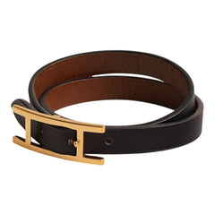 Hermès Behapi Double Tour Reversible Leather Bracelet Noir / Fauve Yellow Gold Plated