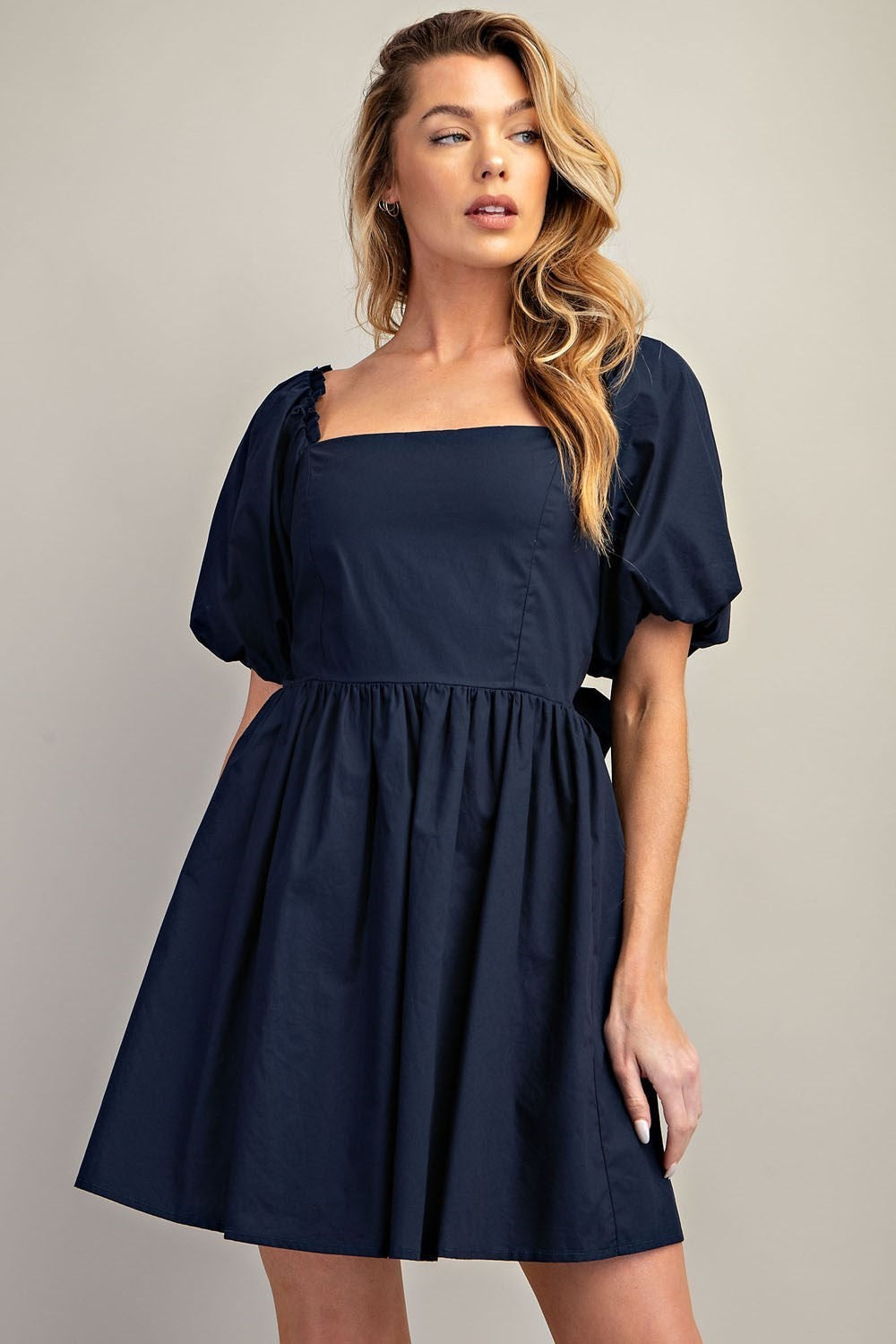 Navy Puff Sleeve Back Bow Mini Dress