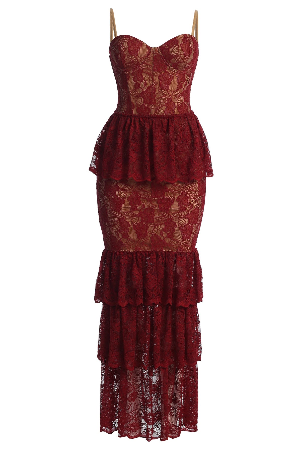 Red Fairytale Ending Lace Maxi Dress by JLUXLABEL featuring intricate lace details and flowing fabric for elegant occasions.