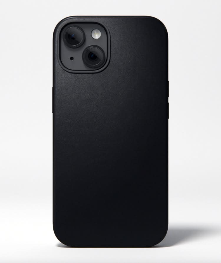 Black leather phone case by DropGuys with textured surface covering the back and sides.