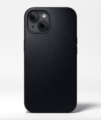 Black leather phone case by DropGuys with textured surface covering the back and sides.