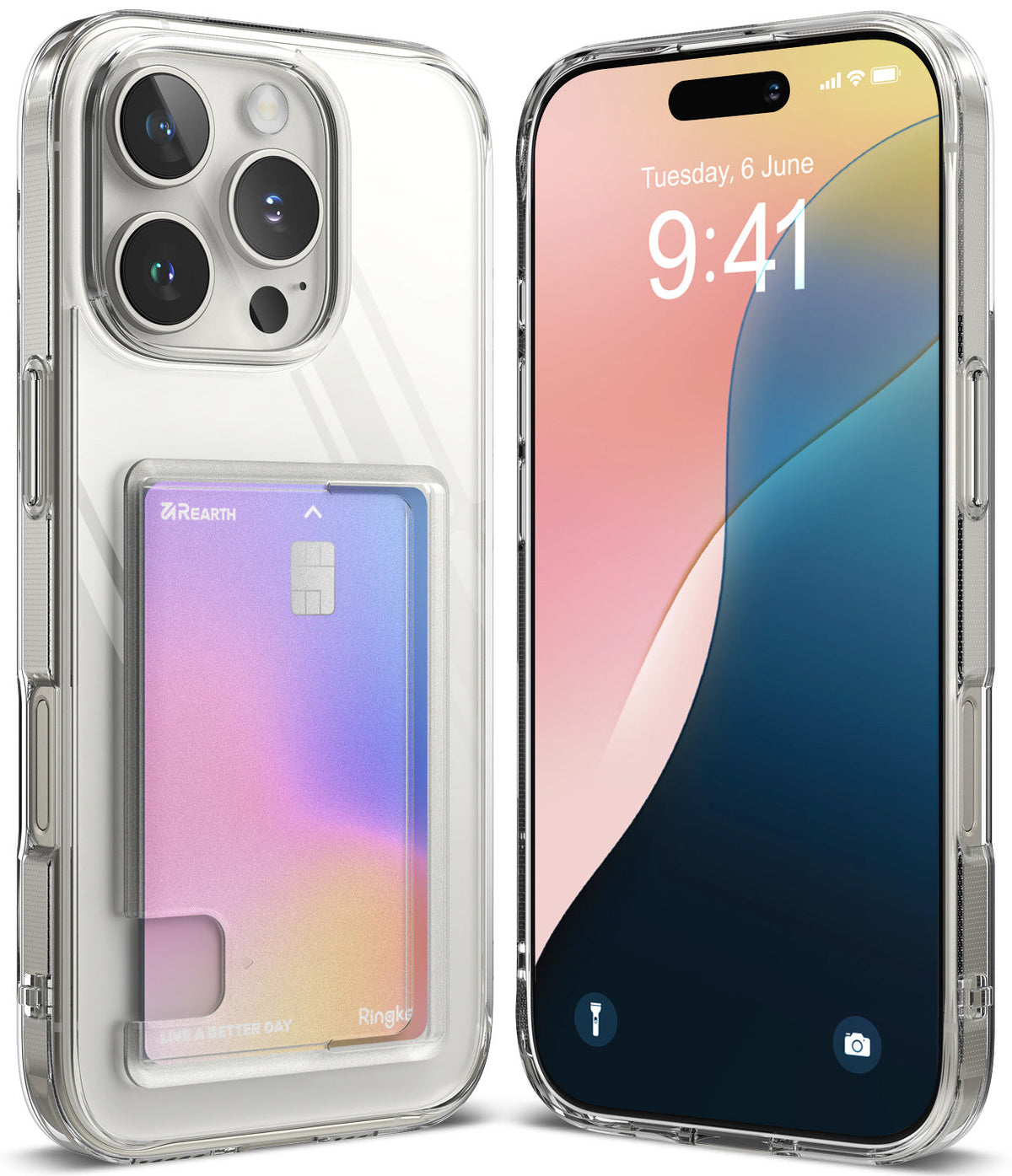iPhone 16 Pro Max Case | Fusion Card - Clear phone case with a rear card holder slot containing a gradient credit card.