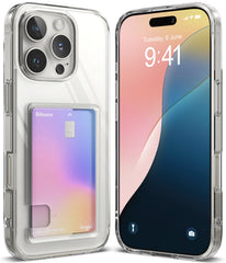 iPhone 16 Pro Max Case | Fusion Card - Clear phone case with a rear card holder slot containing a gradient credit card.