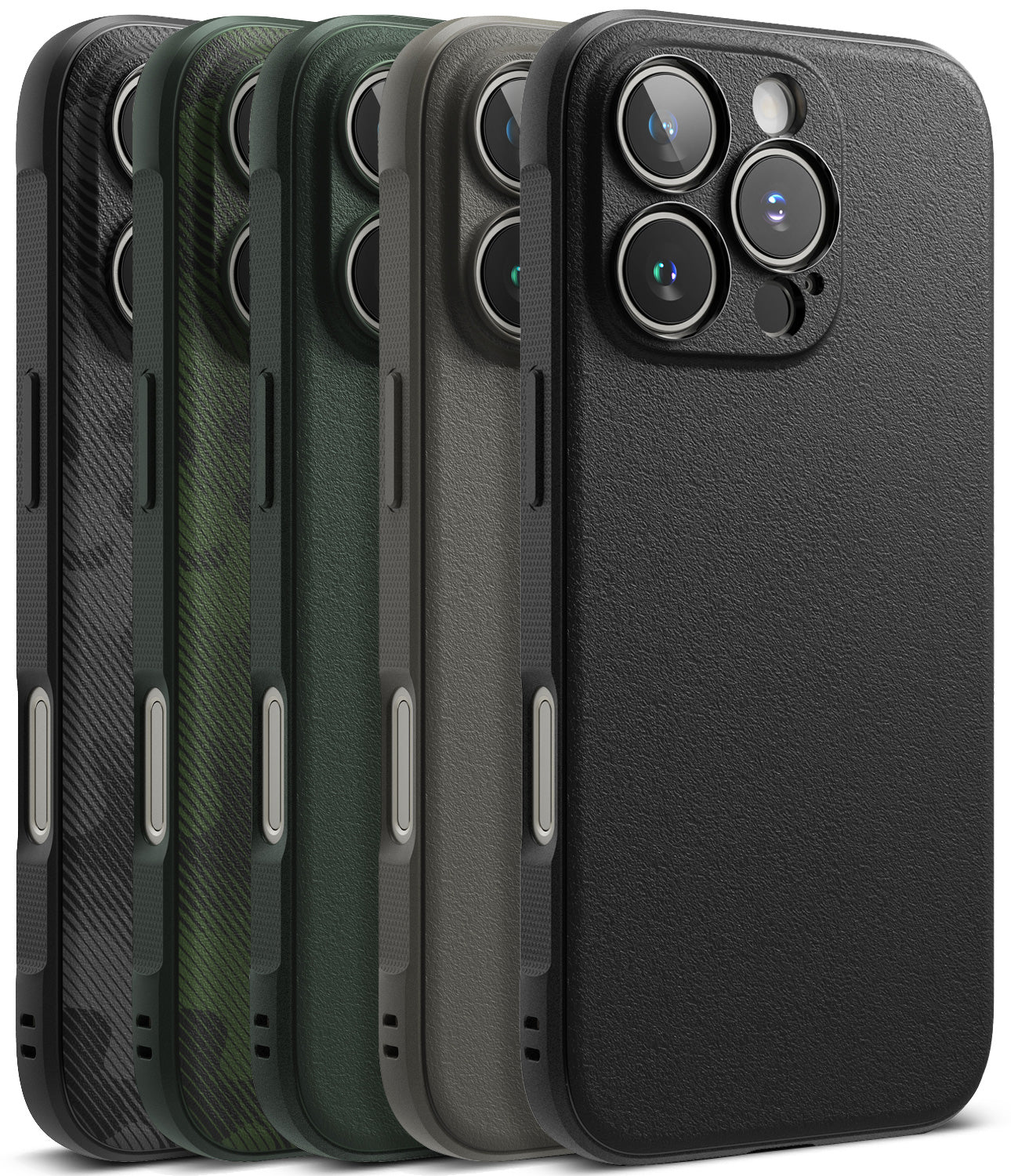 iPhone 16 Pro Case | Onyx - Five iPhone 16 Pro cases in black, green, and grey textures lined up in a row.
