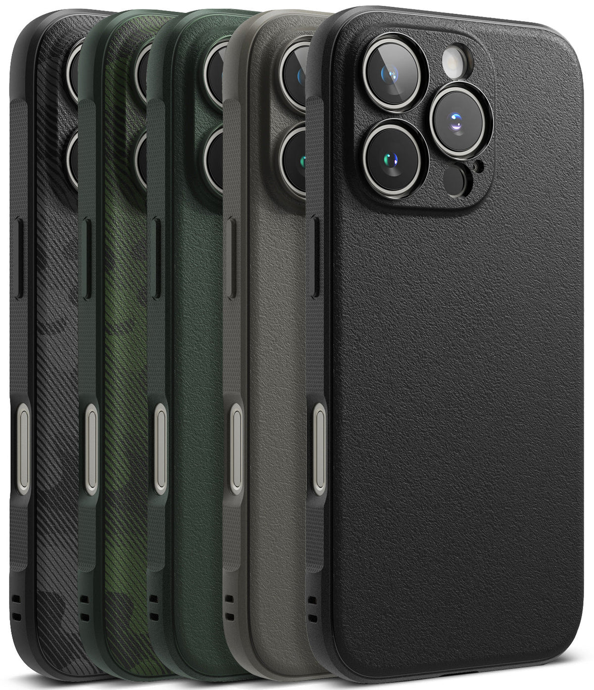iPhone 16 Pro Case | Onyx - Five iPhone 16 Pro cases in black, green, and grey textures lined up in a row.