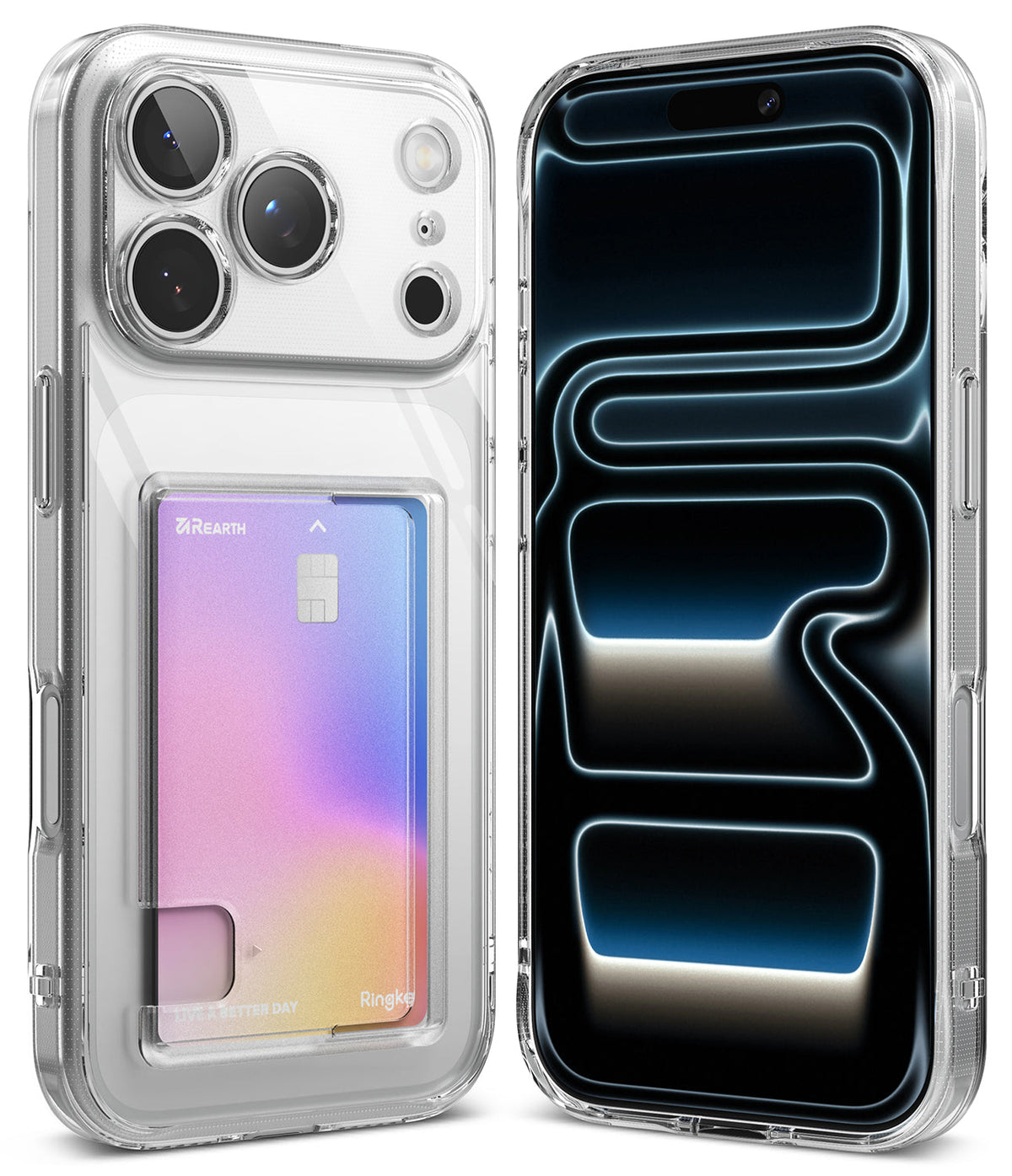 iPhone 17 Pro Max Case | Fusion Card - Clear phone case with a rear card slot holding a colorful iridescent credit card.